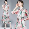 Casual Dresses Drop Summer Fall Fruits Print Bow Tie Neck Scarf 3/4 Sleeve Empire Midja Kvinnor Party Beach Midi Dress