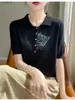 Koszulka damska noszona wełniana koszulka z dzianiny z krótkim rękawem na damskie lato nowa kota embrionowa koszulka cienka polo szyja T-shirtwx