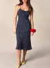 Casual Dresses Dark Blue Polka Dot Hanging Strap Midi Dress For Women French Square Collar Slim Holiday Long 2024