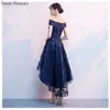 Party Dresses Sweet Memory High/Low Prom Sexy Boat Neck Navy Blue Black Wine Red Tulle Appliques Lace Wedding Dress Graduation