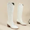 Botlar diz boyu kauçuk kadınlar için modern 2024 Kış Meydanı Heel Ladies Ayakkabı Slip-On Sinlu Ayak Parçası Botas Mujer