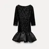 Casual Dresses Women's Sequin Fluffy kjol Black Backless Dress Wide Neck Elegant Short Sparkling Party Vintage Spring