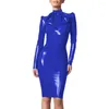 Robes décontractées Wetlook PVC robe pleine manche gaine Big Bow Mock Nou Faux Latex Bodycon Madi Bure