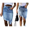 Röcke Frauen Sommer -Jeansrock hoher Taillenknopf Zipper Mini Ripped Löcher unregelmäßige Saum Hüfte verpackt