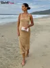 Abiti casual strani abiti sottili a maglia da maglia da maglieria vedono attraverso fiori sexy tratto a collo basso 2024 Summer Beach Vacation Clubwear Vestidos