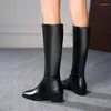 Boots Winter PU Leather Women Knee High Motorcycle Square Toe Zip Footwear Low Heels Female Riding Ladies Long Boats 2024