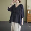 Women's Polos V-neck Middle Sleeve Shirt 2024 Spring Summer Literary Large Size Simple Cotton And Cardigan Li