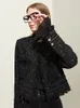 AMII Minimalism Chambray Womens Tweed Short Jackets Spring Tassel Spliced Pleated Cuffs Straight Retro Coats 12411008 240430