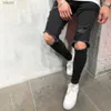 Men's Jeans Mens jeans pants mens Korean solid hollow high waisted office fashionable elastic tight fitting fashionable street clothing WX