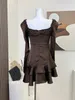 Casual Dresses American Vintage Brown A-Line Dress Slim Fuff Sleeve Square Collar Fashion Lace Up Frocks 2000s Aesthetic Classical Design