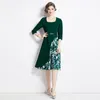 Abiti casual 2024 Fashion Spring Green Patchwork Abito da stampa a fiori eleganti Collaio quadra