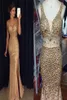 Vestidos de concurso barato de cristal de ouro deslumbrante bainha veja através da cintura 2022 Dividir lateral do designer Vestidos de baile de chiffon longos