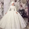 2022 Винтажные мусульманские свадебные платья Дубай Бальное платье с высоким кружевным аппликацией с длинным рукавом длины для свадебного платья для вечеринок 0431