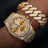 Hip Hop Jewelry Men Gold Plated 925 Sterling Silver Vvs Moissanite Diamond Iced Out Cuban Link Bracelet with Mechanical Watch
