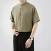 Summer Men Business Casual Slim Fit Stand Stand Retro Shirt Solid Color Shirt Man Dress Blouses Corean Streetwear Dirtts 240428