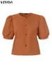 Blouses femininas Tops de verão Vonda Women Tunic Short Puff Sleeve Shirts 2024 Botões de moda solta de cor de cor sólida casual Botões soltos Blusas elegantes