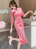 Casual jurken 2024 Pink Velvet Jacquard Floral Midi Dress Autumn Winter Koreaanse vintage chic boog feestvestidos vrouwen elegante bodycon