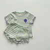 Été Baby rayé à manches courtes coller Set Girl Ear Edge Tops 2 pièces Suit Kids Grape Match Clothes Pijets 240426