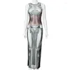 Casual Dresses 3D Body Print Sheer Mesh Long Dress Women Sexig Se genom ärmlös BodyCon Maxi Club Party Y2K Streetwear