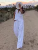 Terbarque Clove en lin blanc d'été pour les femmes pour femmes Top sans manches dans un pantalon large de taille haute correspondant 240428