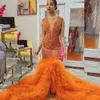 2024 High Slit Orange Long Prom -jurk voor zwarte meisjes kreupel Rhinestones Ruffles Women Farty Gala Jurk Robe de Soiree 0431