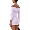 Casual Dresses Women Tie-up Halterneck Pleated Party Dress Long Sleeve Slim Fit Mini Cocktail Purple 3D Flower Decor Bodycon