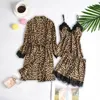 Women's Sleepwear Fashionable And Comfortable Leopard Print Lace Trim Pajama Set With Three Pieces Hanging Bag