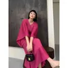 Abiti casual 2024 Elegante e avanzata A-Long Dress Long Raspberry Rose Rose V-NECK VIDI BRIMS FIT FRIBI