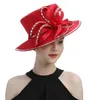 Breite Krempe Hüte Bucket Hats Atleisur Red Satin Cloth Hut Elegante Fotografie Hüte Kette Mode formelle Hut Maskerade Blume Hochzeit Top Hut für Damen Y240426