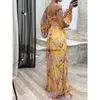 Casual Dresses V-Neck Sexy Split Maxi Dress Spring Autumn Loungewear Fashion Party Long Sleeve Folds Printing Ladies Holiday