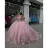 Jurk jurken prom ball elegante prinses roze off -schouderbloem Appliques vestido de quinceanera sweep trein tule zoet 15 maskerade jurk