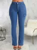 Jeans pour femmes mode décontractée bleu foncé haut taille bordel vintage bouton vintage zipper up 4 poches utiles Patchwork Denim Pantalon