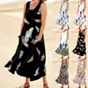 Casual Dresses Floral Leopard Summer Women Sleeveless Sundress Elegant Round Neck Loose Boho Long Tank Dress Vintage Pockets Beach Vestidos