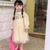 Flickans klänningar 2023 Spring Kids Dress Doll Collar Embroidered Bunny Yarn Dress Girls Cute Princess Dresses