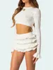 Women's Shorts Women Y2k Knit 2 Pieces Outfits Crew Neck Long Sleeve Crop Tops And Ruffles Layered Going Out Set