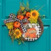 Fleurs décoratives Couronne d'automne artificielle citrouille et tournesol pour la fenêtre murale de la porte d'entrée Thanksgiving avec lumières