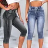 Jeans femininos Mulheres gradiente vintage Slim Fit Ciay High Cropped com bolsos de cordão para o comprimento da panturrilha rasgada