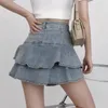 Rokken mini rok vrouwen denim zomer a-line zoet sexy meisje ontworpen ruches hoge taille gewikkeld heup Koreaanse mode fee kpop chic