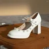 Casual schoenen elegante vrouw hulde Mary Janes Pearl High Heels Zapatos Mujer wees teen chunky mode chaussures femme