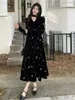 Casual jurken grote dames Franse vintage elegante v-hals gefragmenteerde bloem lange jurk vrouwelijke slanke fit zwart fluwelen geborduurd