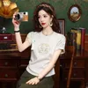 Camiseta feminina de camiseta chinesa camiseta chinesa feminina moda casual t-shirt bordado o-pescoço novo 2024 Summer Summer Splicing Short Mangueta T-shirtwx