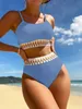 Frauen Bikini Bikini Badeanzug High Tailled Split Body Swimwear Stripe Schwimmanzug Solid Farbe sexy Damen Sommerferienfeier Outfits D240429