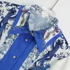 Dwuczęściowe spodnie damskie 2024 francuski vintage niebiesko -biały porcelanowy druk Modny zestaw z koszulą Dingdiamond High Wai