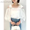 Damesblouses ninimon elegant off-the-shoulder shirt dames zomer vintage lantaarn mouw bowknot one-neck top losse chiffon blouse