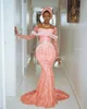 Vintage rose dentelle aso ebi robe africain femmes robes de bal formelles manches longues plus taille nigériane robes de soirée fabriquées sur mesure