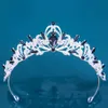 Tiaras Korean Girls Silver Color Metal Zielony Blue Crystal Tiara Crown For Women Wedding Party Bridal Bride Cornestone Crown