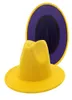 Patchwork viola interno giallo esterno in lana artificiale Fedora cappelli da fedora jazz da donna uomo piatto brim jazz cappello jazz cappello da cowboy lxl2814231