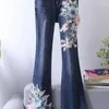 Women's Jeans Fashion Spring Women Flare Pants Vintage Floral Embroidery Long Trouser Highstreet Wide Leg Denim U160