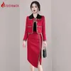 Work Dresses 2024 Winter Elegant Temperament Red Tweed Skirt Set Office Lady Hit Color Lapel Woolen Blazer Jacket Midi Pencil 2 Piece