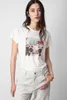 2024 Sommer neuer französischer Zadigvoltaire Fashion Radio Audio Digitaldruck Baumwolle gekräuselte Ärmeln Frauen kurzärmeliges T-Shirt Casual Round Neck Off White Top